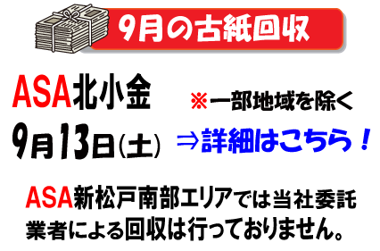 9月の古紙回収は13日です